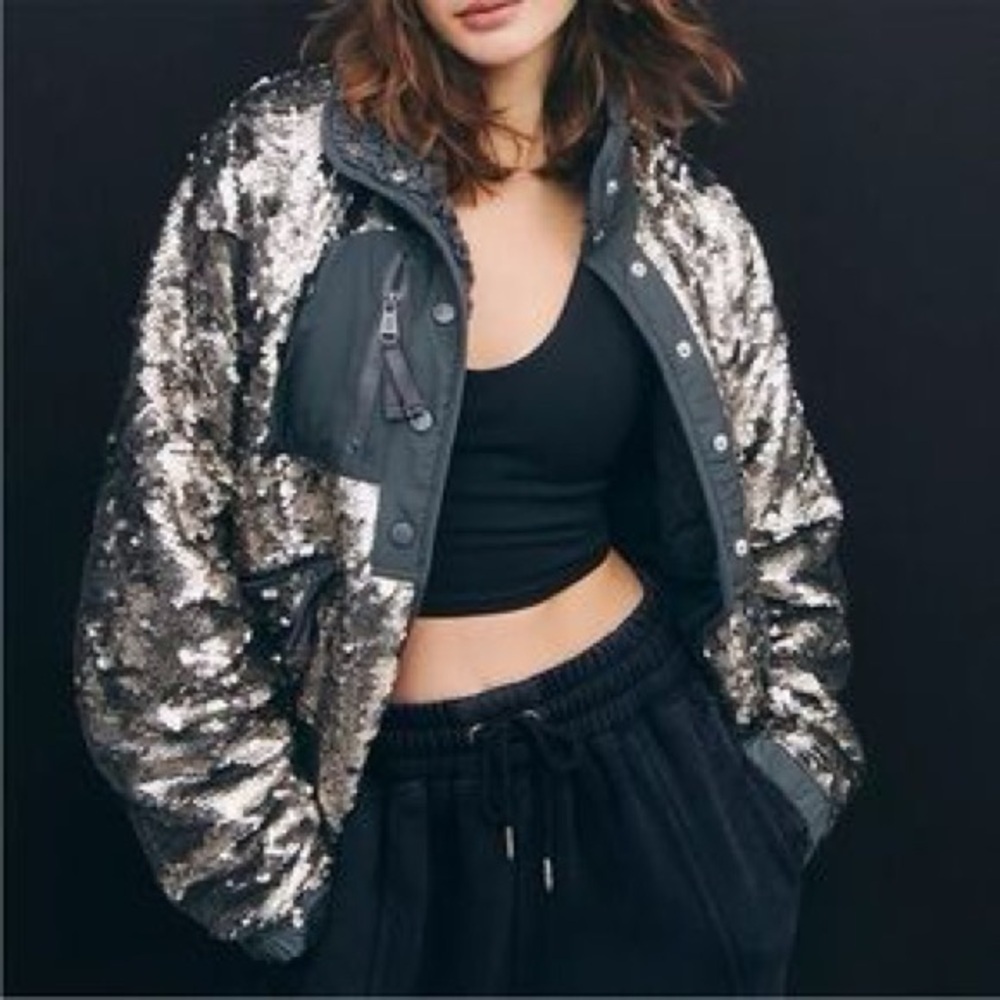 Free people silver sequin fleece relaxed hit the slopes jacket